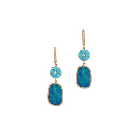 Kai Linz Blue Fire Opal Diamond Carved Turquoise Earrings