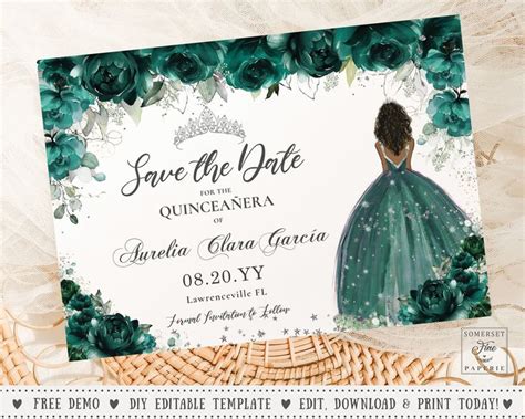 Editable Emerald Green Floral Brown Princess Quincea Era Save The Date