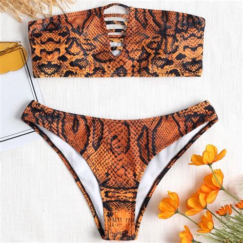 Sexy Bikinis Strapless Snakeskin Pattern Cut Out Women Bikini Set