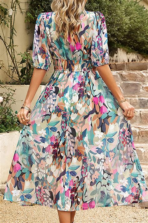 V Neck Short Sleeve Casual Floral Midi Dress Cherieday