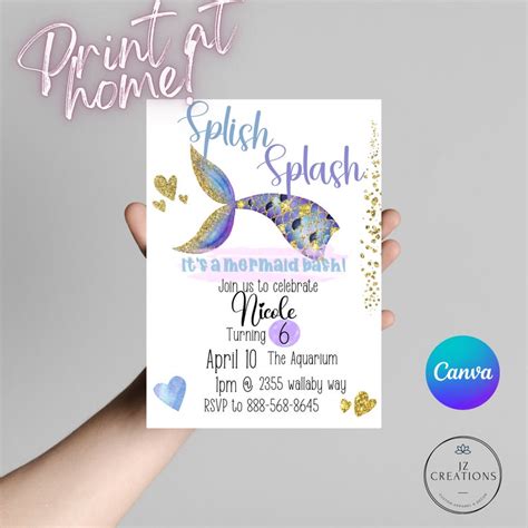 Mermaid Birthday Invitation Mermaid Party Invite Canva Template Splish Splash Under The Sea