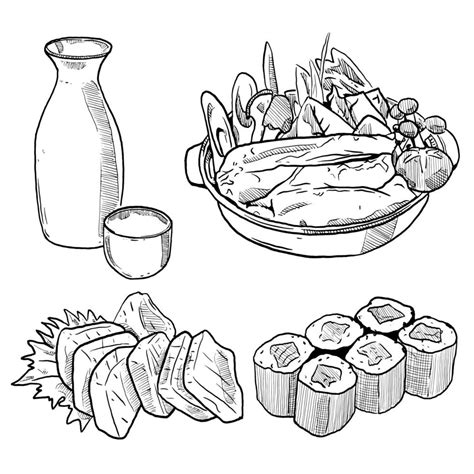 Set Of Sketch And Hand Drawn Japanese Food Cuisine Sake Sukiyaki