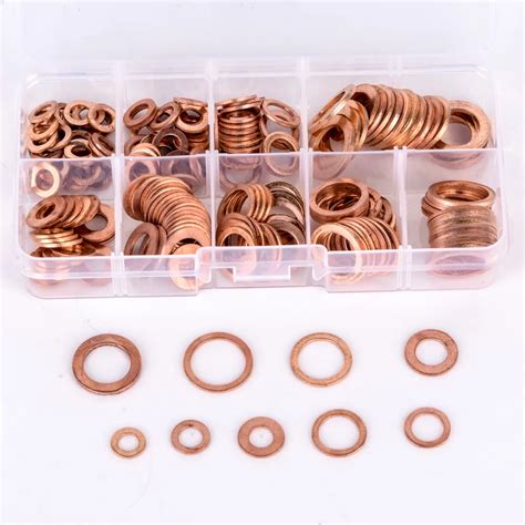 200pcs Copper Washer Gasket Set Flat Ring Seal Assortment Kit With Box