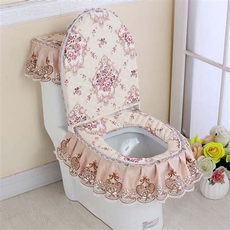 3 Pcs Toilet Seat Cover Set Lace Floral Print Closestool Protector Toilet Cushion Pad Bathroom