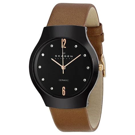 Skagen Black Dial Ceramic Brown Leather Ladies Watch