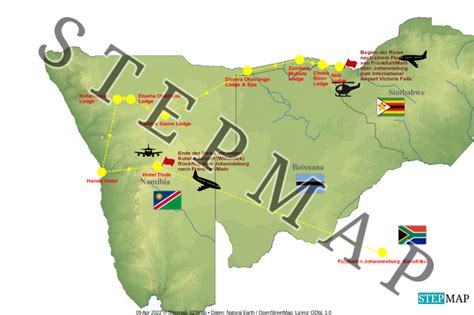 StepMap Rundreise Simbabwe Botswana und Namibia 2022 Landkarte für