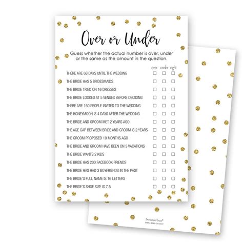 24 Cnt Over Or Under Bridal Shower Game Faux Gold Glitter On White