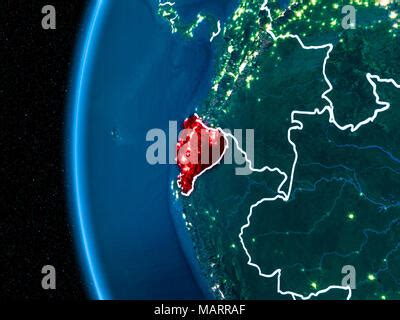 Space Orbit View Of Ecuador Highlighted In Red On Planet Earth At Night