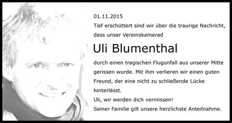 Tief Ersch Ttert Ber Den Tod Unseres Vereinsfreundes Uli Blumenthal