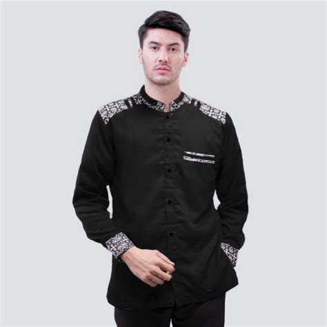 Jual Baju Koko Pria Lengan Panjang Kombinasi Batik Warna Hitam Motif