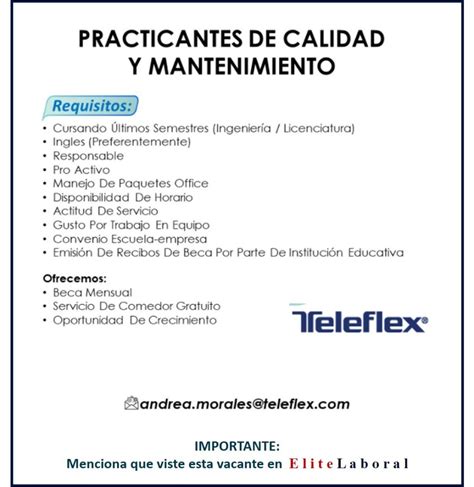 Vacante Practicantes De Calidad Y Mantenimiento Elitelaboral