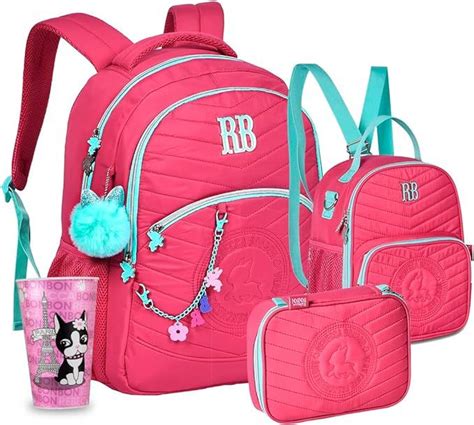 Kit Escolar Feminino Mochila Soft Estojo 32 Elásticos Lancheira Térmica