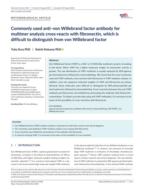 Pdf Commonly Used Anti Von Willebrand Factor Antibody For Multimer Analysis Cross‐reacts With