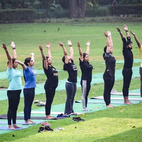 New Delhi India June 18 2022 Group Yoga Exercise Class For People Of Different Age In Lodhi