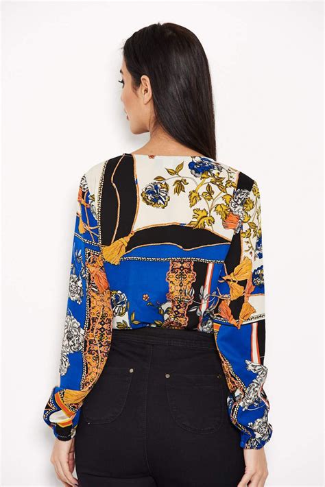 Blue Printed Wrap Bodysuit Ax Paris Eu