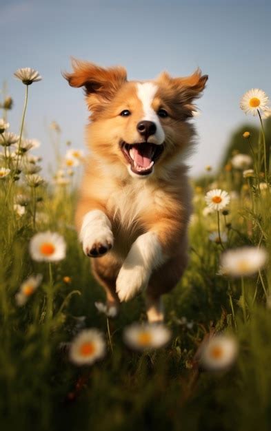 Premium Ai Image Wildflower Field Frolic With An Energetic Pup