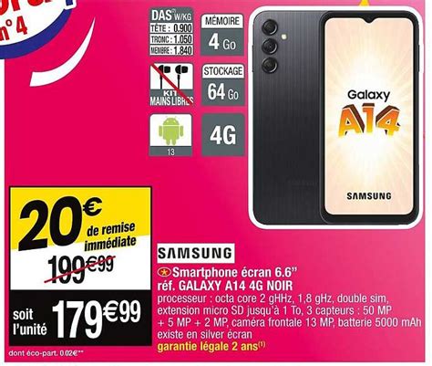 Promo Smartphone écran 6 6 Galaxy A14 4g Noir Samsung chez Cora