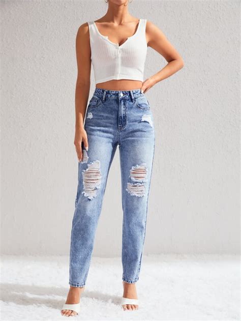 SHEIN Tall Jeans Ajustados Mom Desgarro Con Bolsillo Oblicuo Moda De