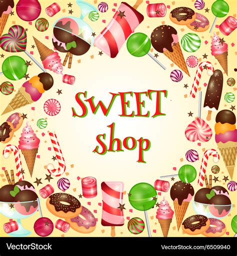 Sweet shop poster with candies and lollipops Vector Image