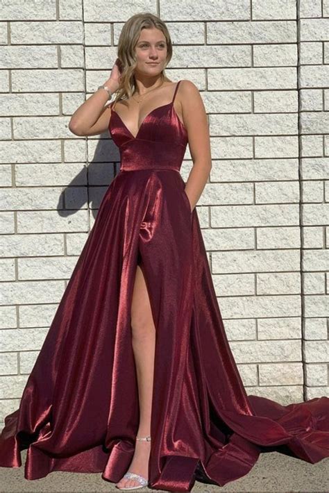 V Neck Backless Burgundy Long Prom Dress With High Slit Backless Burg