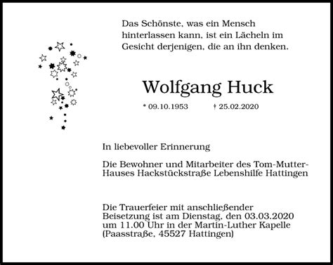 Traueranzeigen Von Wolfgang Huck Trauer In NRW De