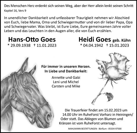 Traueranzeigen Von Hans Otto Und Heidi Goes Trauer De