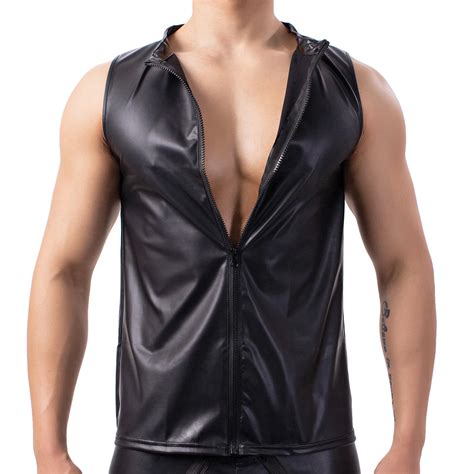 Set Men Undershirts PU Leather Sleeveless T Shirts Zipper Tank Top Vest