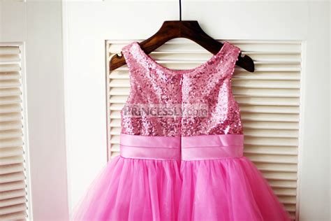 Hot Pink Sequin Tulle Pleated Wedding Flower Girl Dress Avivaly