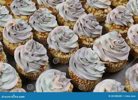 Rainbow Frosted Vanilla Flavored Cupcake Or Muffin With Sprinkles Stock