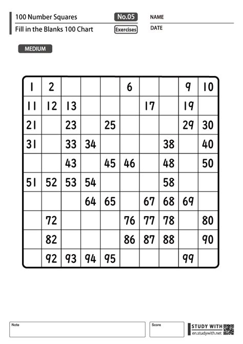 Number Squares Fill In The Blanks 1 100 Chart Medium Free