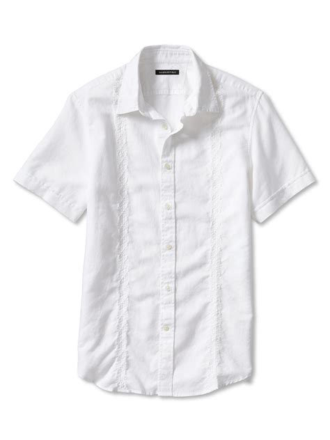 Banana Republic Slim Fit Embroidered White Linen Cotton Short Sleeve