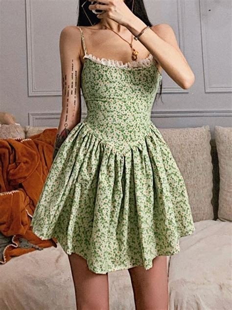 Emmiol Free Shipping 2024 Tie Back Floral Green Mini Dress Green S In