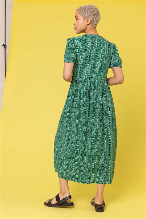 Ditsy Spot Button Through Midi Dress In Green Roman Originals UK