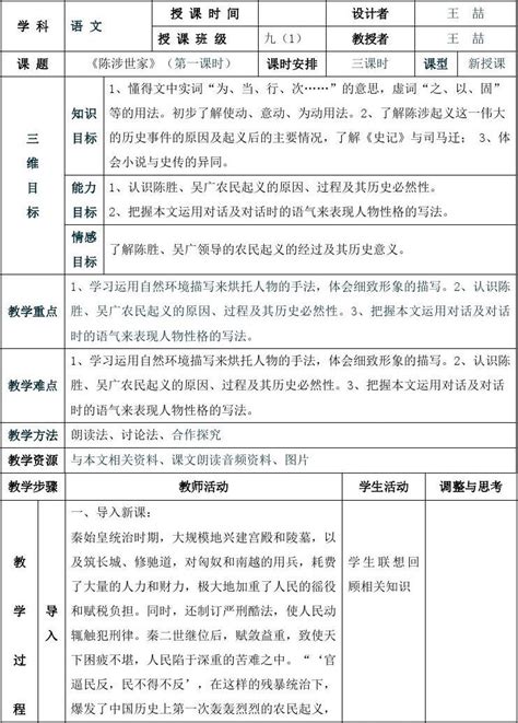 《陈涉世家》表格式教案word文档在线阅读与下载免费文档