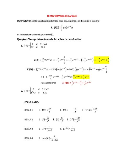 Definición de Transformada de Laplace y ejemplos de formulario