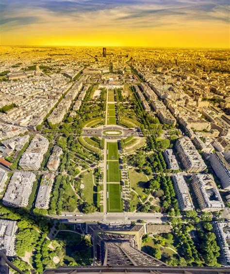 Aerial View On Champ De Mars From Eiffel Tower During Sunrise Paris