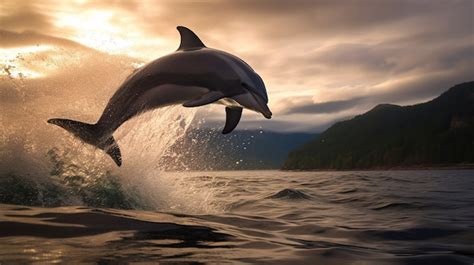 Dolphin Jumping Out Of Water At Sunset AI Generated Image