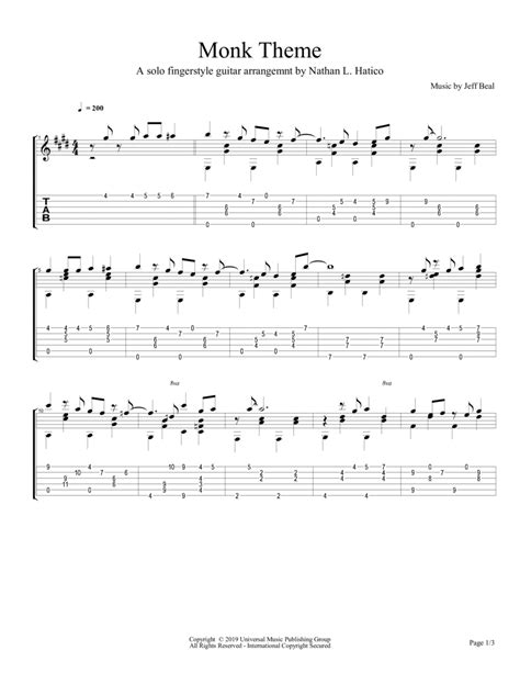 Monk Theme Arr Nathan L Hatico By Jeff Beal Sheet Music For Guitar