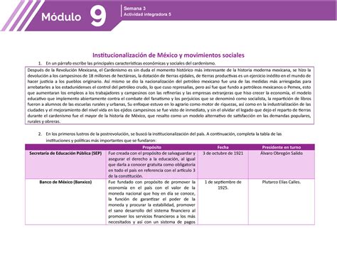 Actividad integradora 5 Institucionalización de México y movimientos