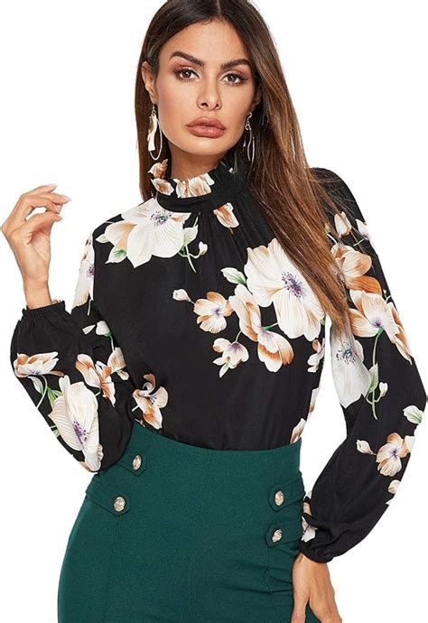 Floerns Womens Floral Print High Neck Long Sleeve Chiffon Blouse