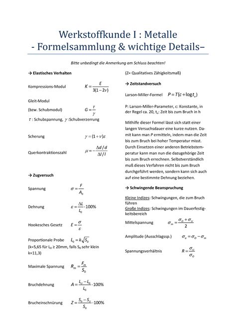 Werkstoffkunde Fs Metalle Werkstoffkunde I Metalle Formelsammlung