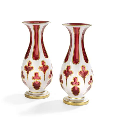 Lot Pair Of Bohemian White Cranberry Glass Vases