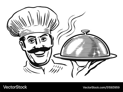 Happy Chef In Hat With Tray Lid Cloche Royalty Free Vector