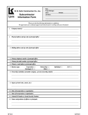 Fillable Online Subcontractor Information Form MB Kahn Construction