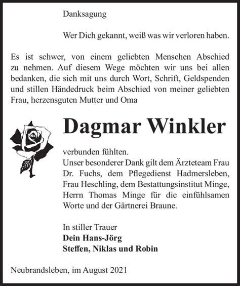 Traueranzeigen Von Dagmar Winkler Abschied Nehmen De