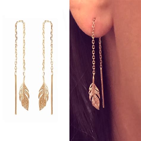 Boucles D Oreilles Cha Nes Traversantes Plaqu Or Plume Pendante Bo