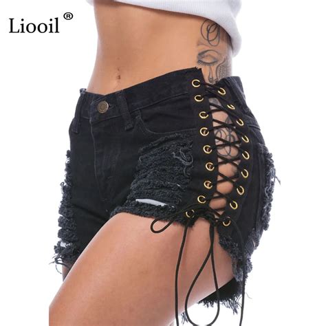 Liooil Denim Shorts Sexy Mid Waist Black Ripped Tassel Rivet Hot