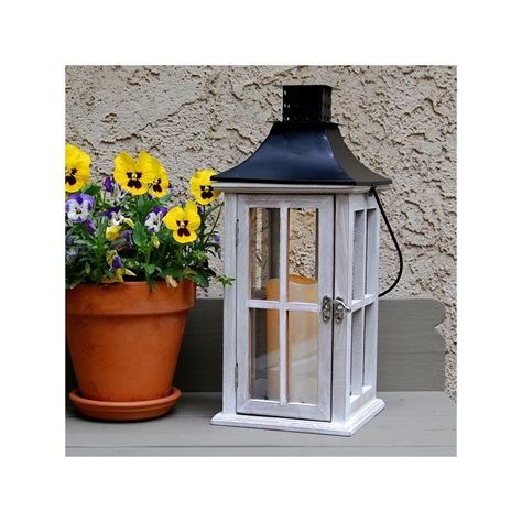 Lumabase Distressed White Wood Black Metal Finish Led Candle Lantern