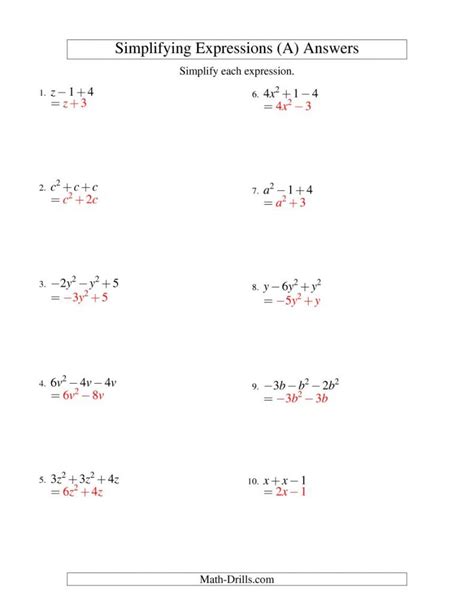 Algebraic Expressions Worksheets With Answers Pdf