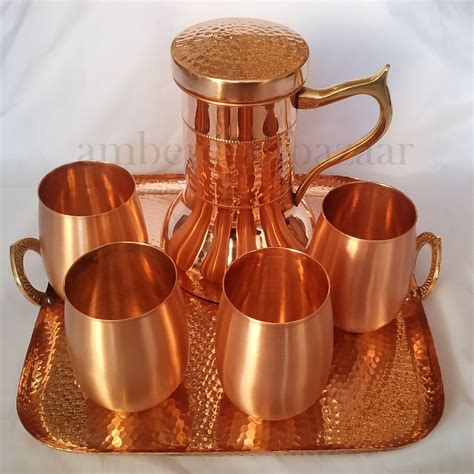 Vintage Copper Unique Water Wine Drinking Set Tray Tumbler And Bedroom